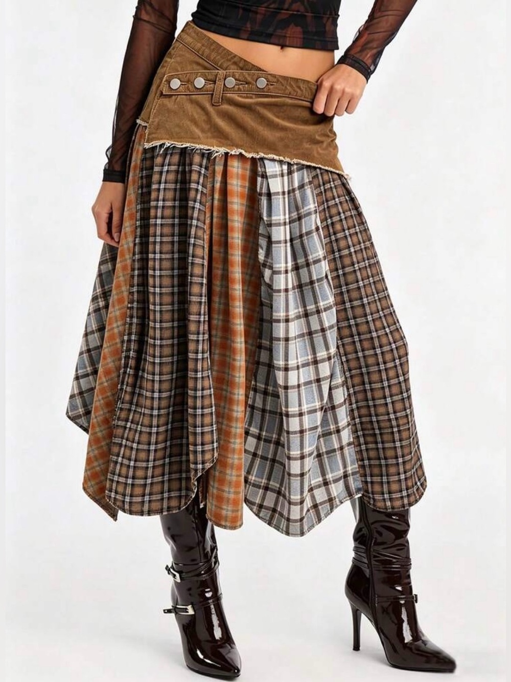 Plaid Patchwork Midi Skirt with Brown Suede Waistband